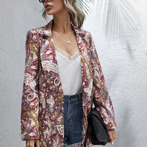 Retro Paisley Print Silky Blazer Size Large